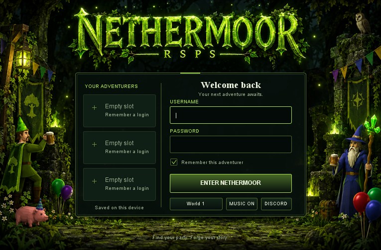 The Nethermoor RSPS client: glowing green wordmark, forest login artwork and a new adventurer panel.