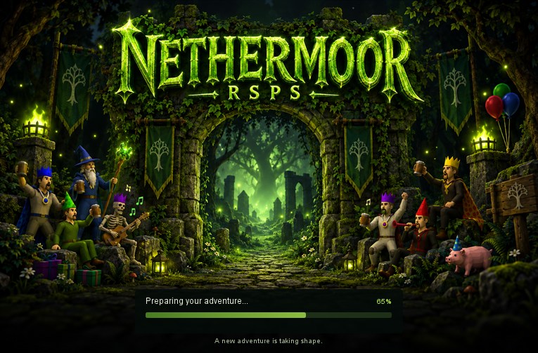 Nethermoor RSPS loading screen, with partyhat adventurers gathered at a green forest gateway.